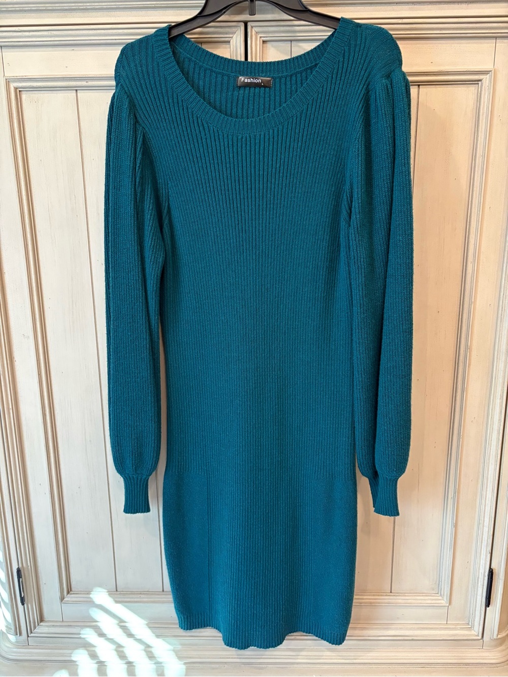 Scoop Neck Teal Ribbed Long-Sleeve Dress